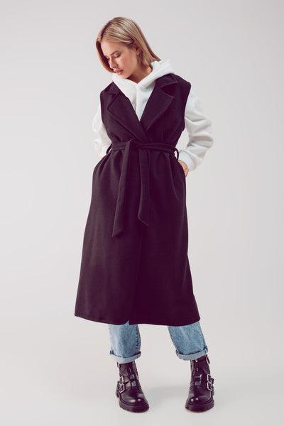 Ultra longline belted gilet in black