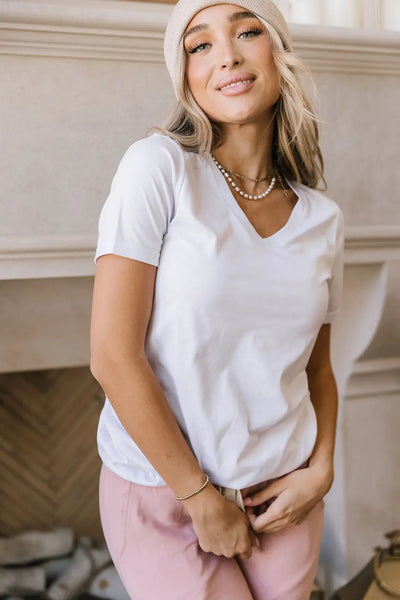 V Neck Lulu Tee - White - Tops