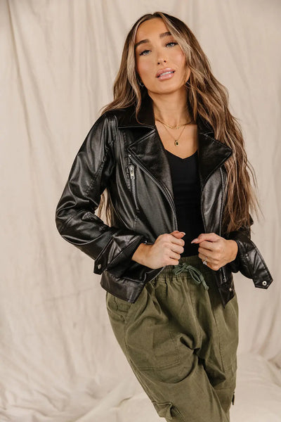 Vegan Leather Moto Jacket- Black - Tops