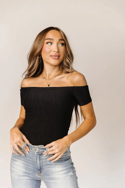Bodysuit - Short Sleeve Off The Shoulder - Black - Tops