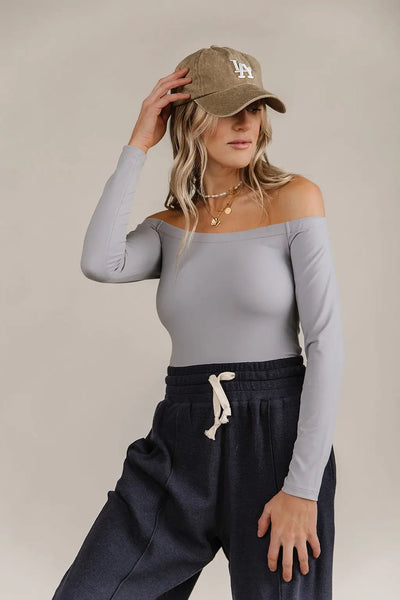 Bodysuit - Long Sleeve Off The Shoulder - Light Grey - Tops