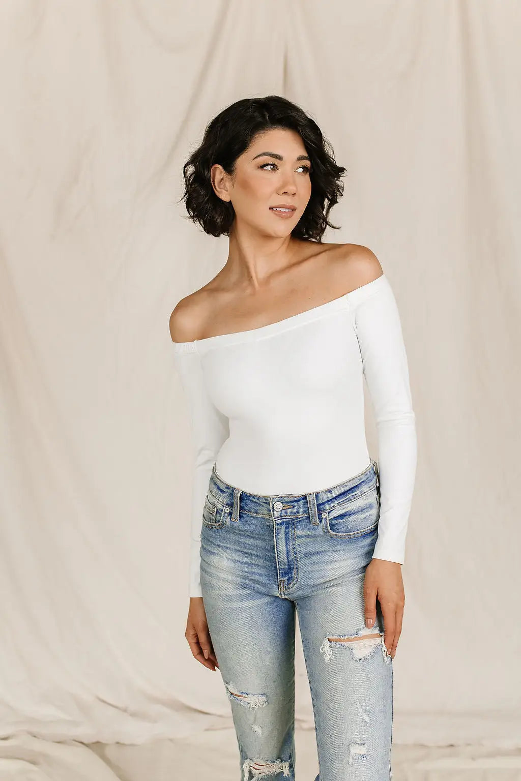 Bodysuit - Long Sleeve Off The Shoulder - White - Tops