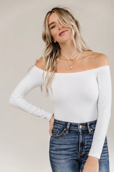 Bodysuit - Long Sleeve Off The Shoulder - White - Tops