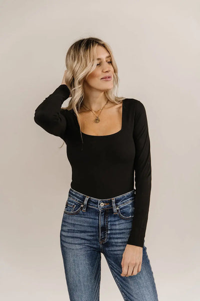 Bodysuit - Long Sleeve Square Neck - Black - Tops