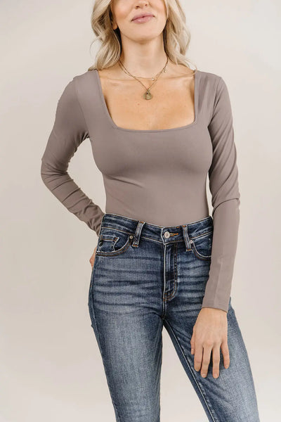 Bodysuit - Long Sleeve Square Neck - Charcoal - Tops