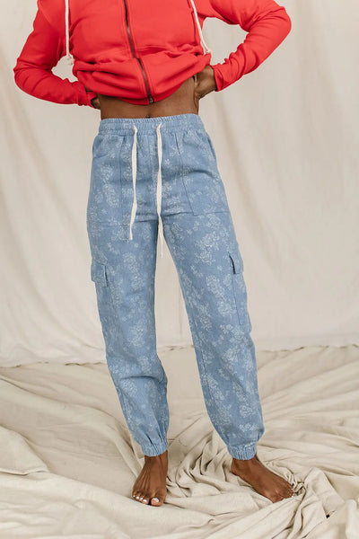 Floral Denim Cargo Pants - Bottoms