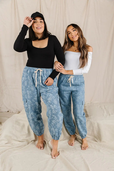 Floral Denim Cargo Pants - Bottoms