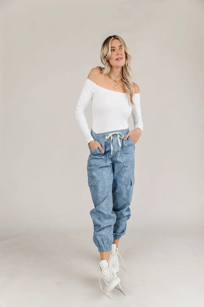Floral Denim Cargo Pants - Bottoms