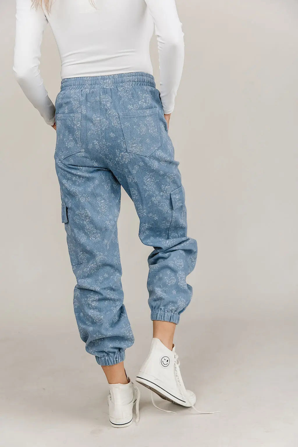 Floral Denim Cargo Pants - Bottoms