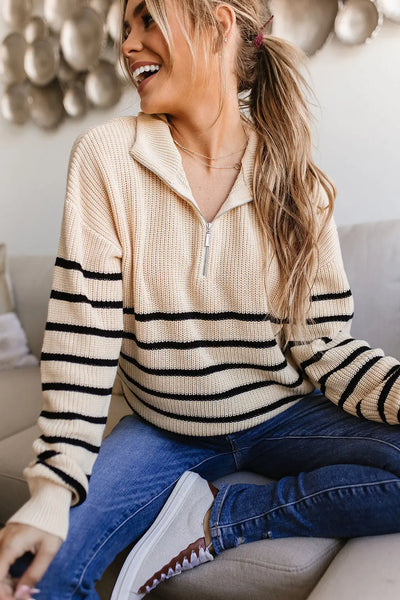 HalfZip Sweater- Cream & Black Stripe - Tops