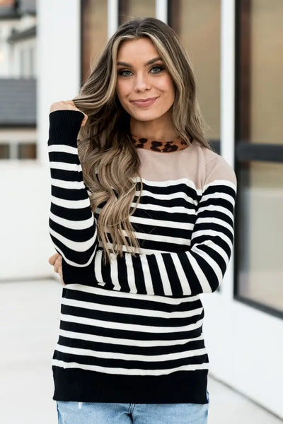 Graham Sweater - Leopard & Stripes - Tops