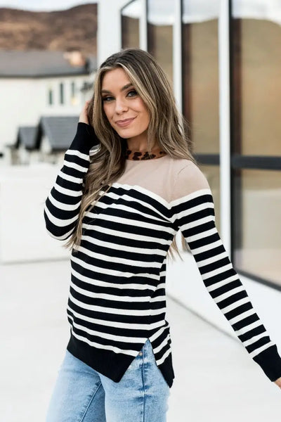 Graham Sweater - Leopard & Stripes - Tops
