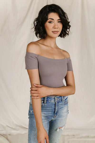 Bodysuit - Short Sleeve Off The Shoulder - Charcoal - Tops