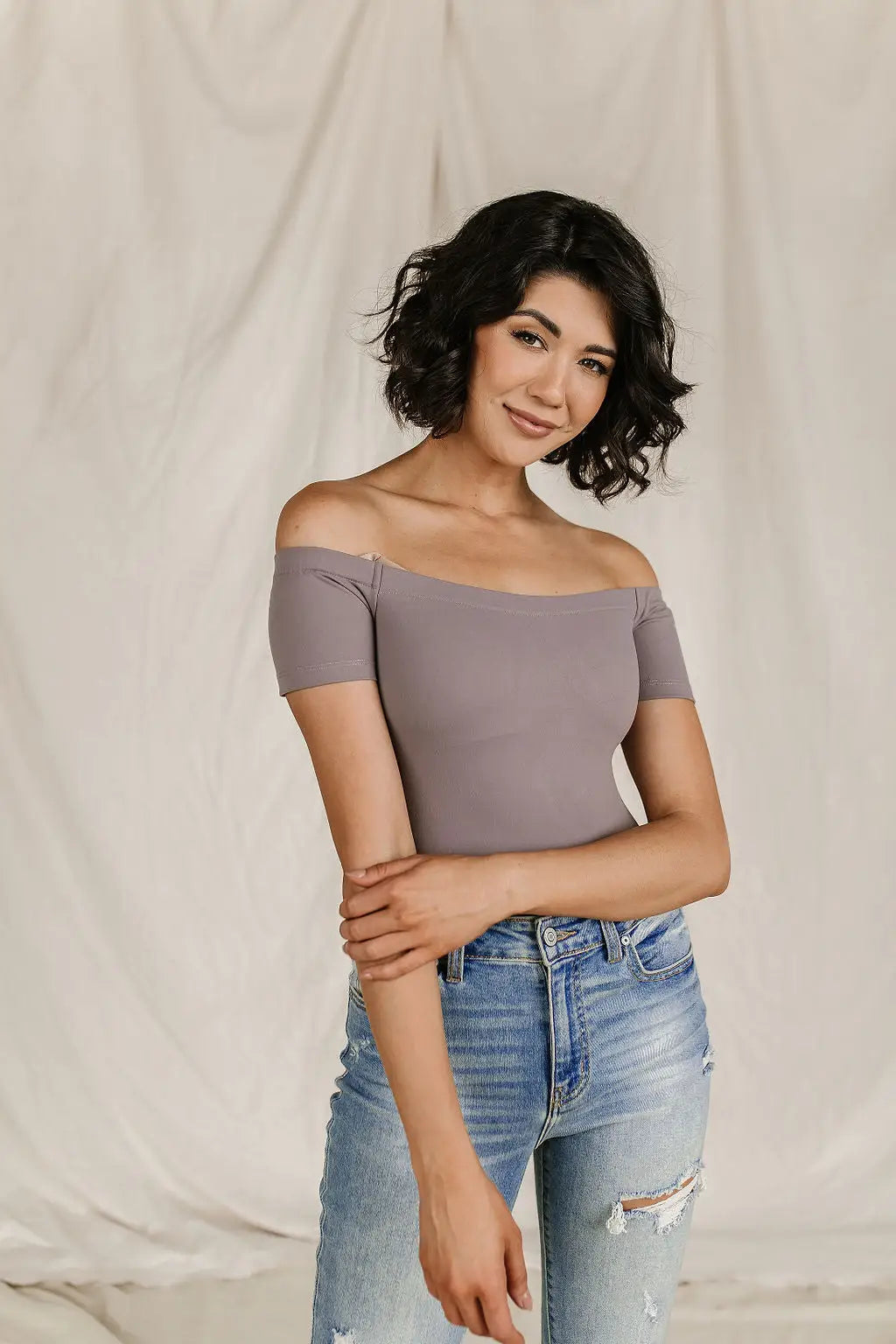 Bodysuit - Short Sleeve Off The Shoulder - Charcoal - Tops