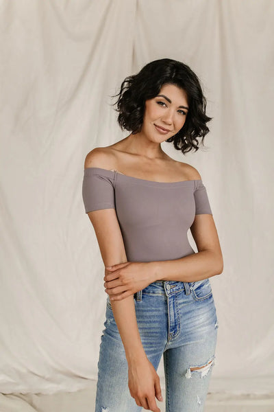 Bodysuit - Short Sleeve Off The Shoulder - Charcoal - Tops