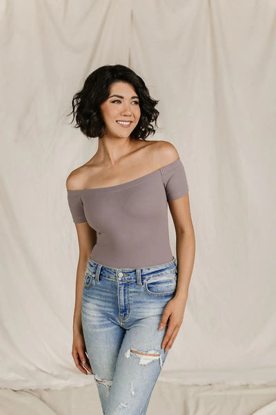 Bodysuit - Short Sleeve Off The Shoulder - Charcoal - Tops
