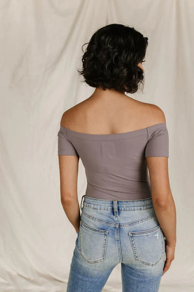 Bodysuit - Short Sleeve Off The Shoulder - Charcoal - Tops