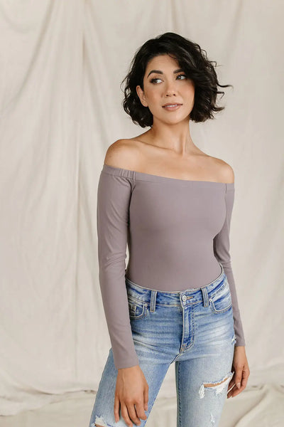 Bodysuit - Long Sleeve Off The Shoulder - Charcoal - Tops