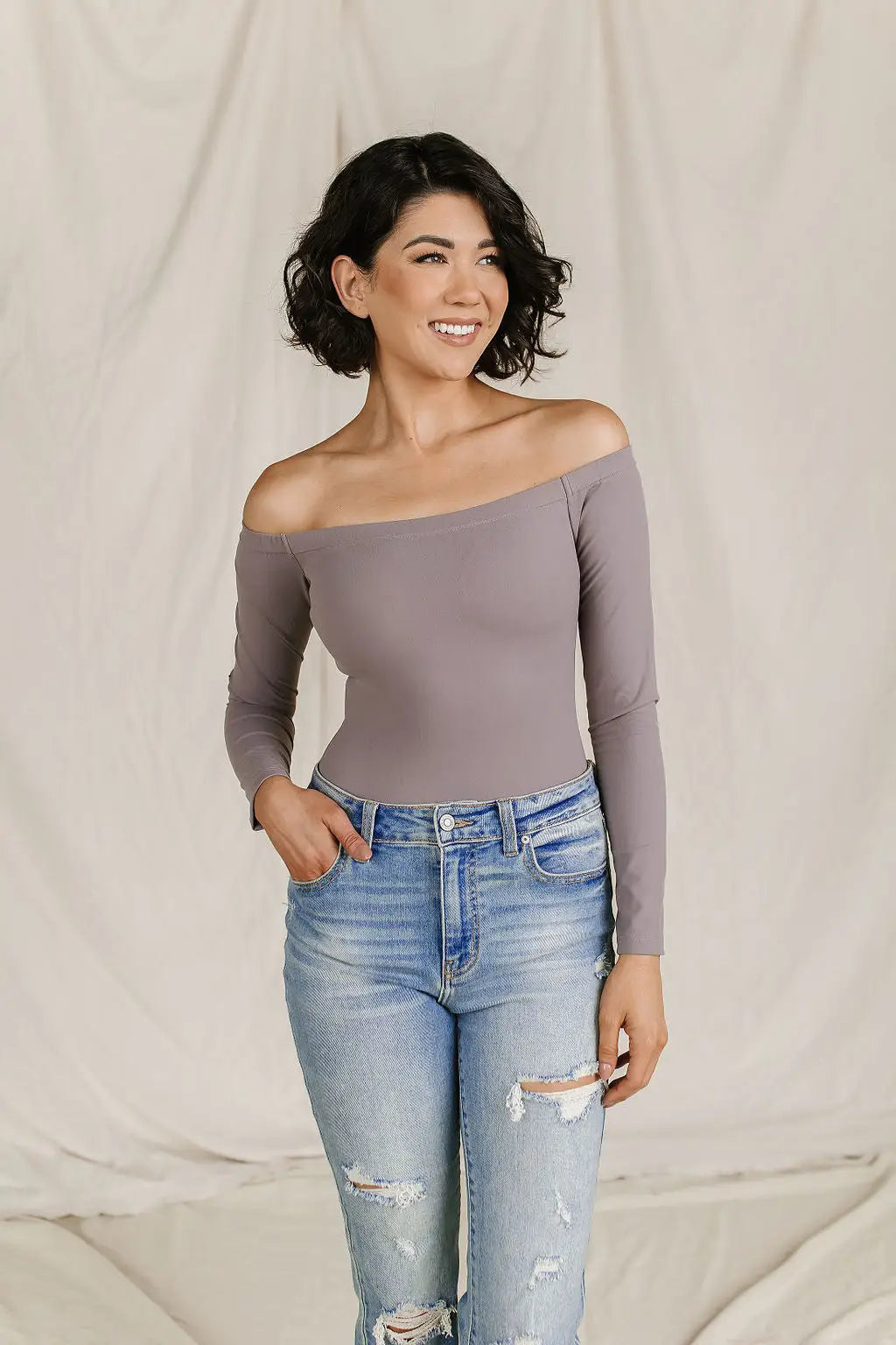 Bodysuit - Long Sleeve Off The Shoulder - Charcoal - Tops