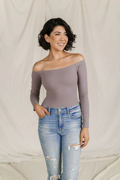 Bodysuit - Long Sleeve Off The Shoulder - Charcoal - Tops