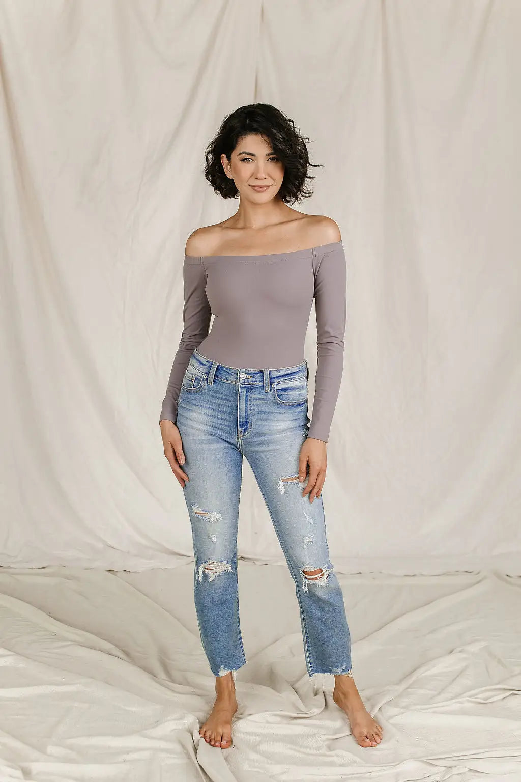 Bodysuit - Long Sleeve Off The Shoulder - Charcoal - Tops