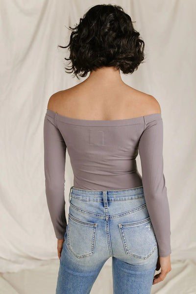 Bodysuit - Long Sleeve Off The Shoulder - Charcoal - Tops
