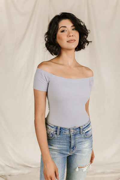 Bodysuit - Short Sleeve Off The Shoulder - Light Grey - Tops