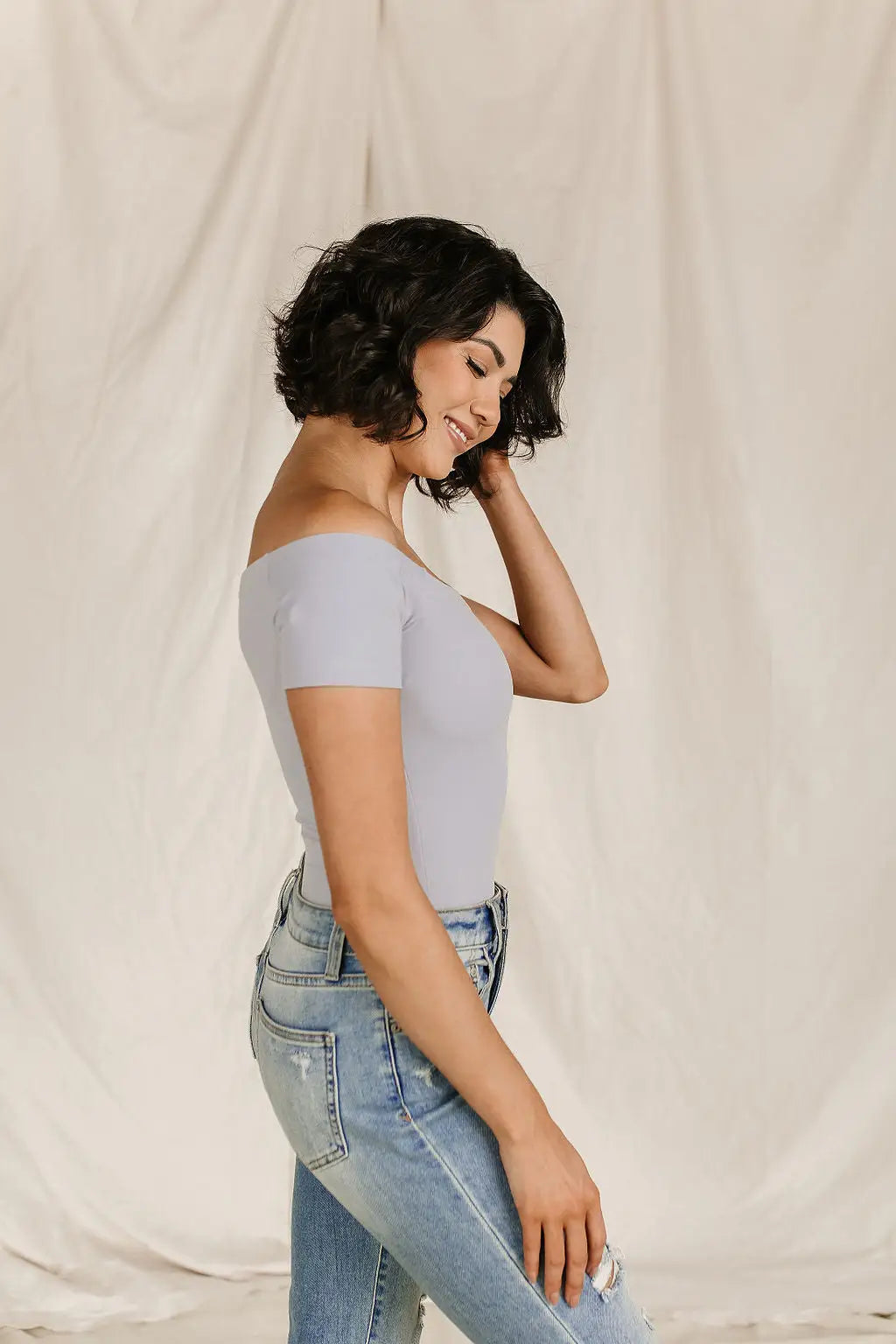 Bodysuit - Short Sleeve Off The Shoulder - Light Grey - Tops