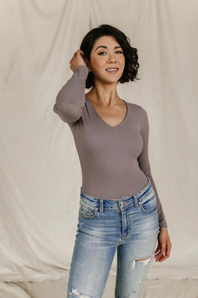Bodysuit - Long Sleeve V Neck - Charcoal - Tops