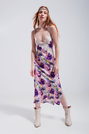 Q2 V back Satin midi dress in purple clashing floral print