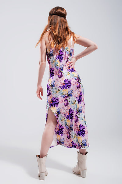 V back Satin midi dress in purple clashing floral print