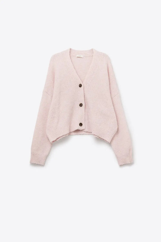 V-neck Basic baby pink Buttoned Cardigan in fluffy knitted - One Size / Pink - Sweaters