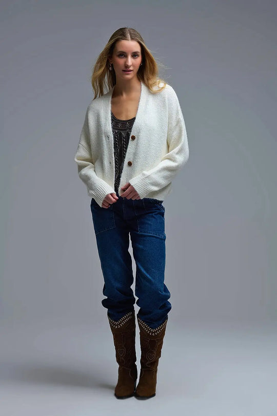 V-neck Basic Cream Buttoned Cardigan - One Size / White - Sweaters