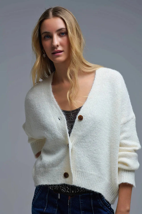 V-neck Basic Cream Buttoned Cardigan - One Size / White - Sweaters