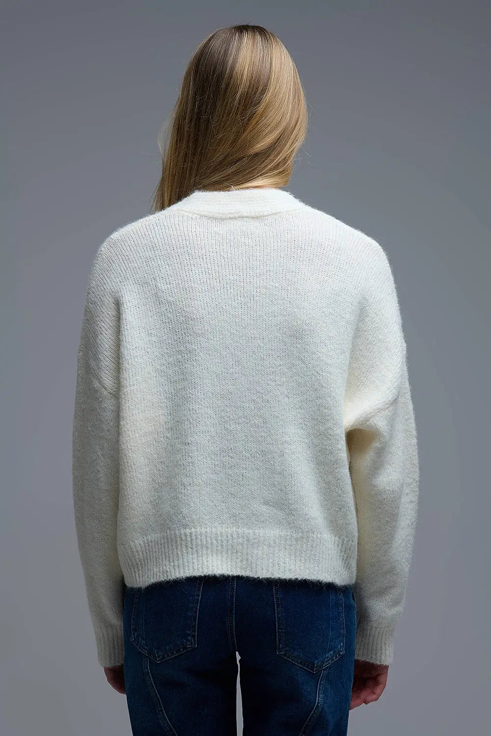 V-neck Basic Cream Buttoned Cardigan - One Size / White - Sweaters