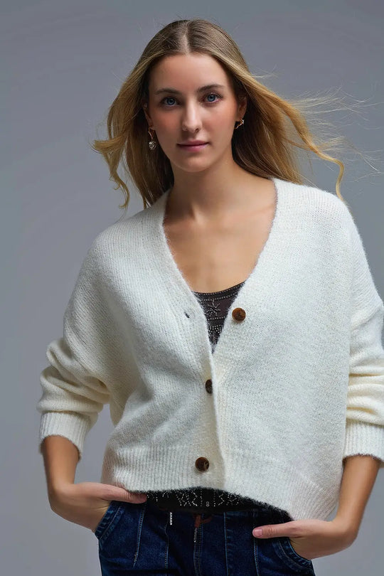 V-neck Basic Cream Buttoned Cardigan - One Size / White - Sweaters