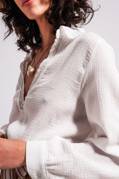 V neck blouse with lace detail in cream