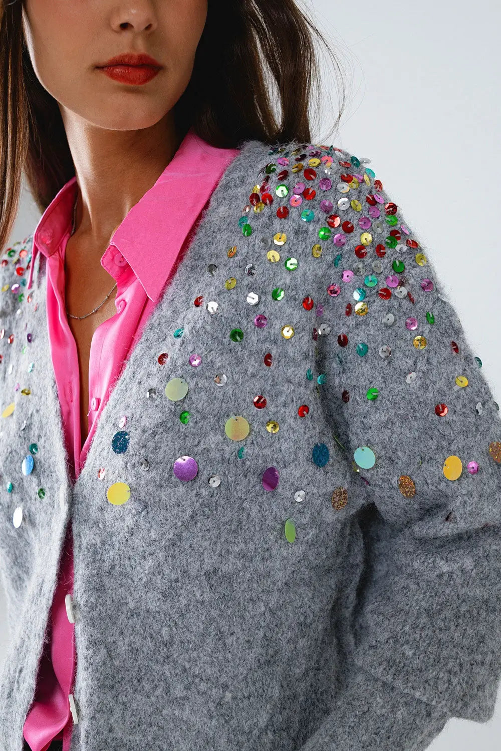 V-neck Cardigan With Multicolor Embroidered Sequin in Gray - One Size / Grey - Sweaters