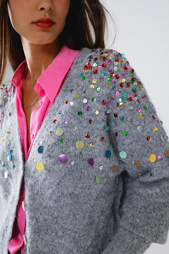 V-neck Cardigan With Multicolor Embroidered Sequin in Gray - One Size / Grey - Sweaters