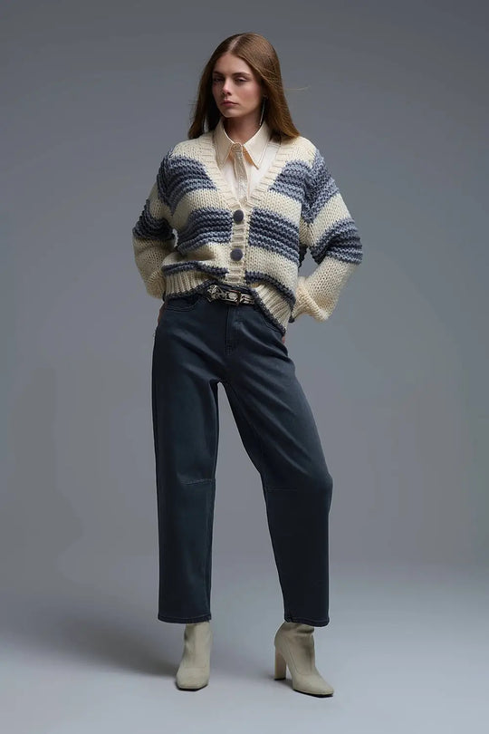 V-neck Chunky Knit Cardigan in striped of Grey and Cream - One Size / Grey - Coats and Jackets