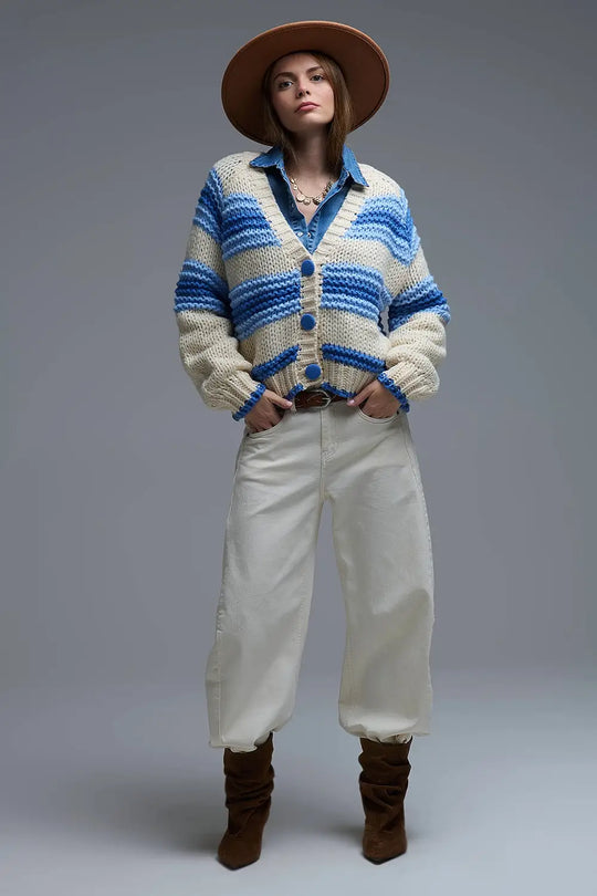 V-neck Chunky Knit Cardigan in stripes of Blue and cream - One Size / Blue - Coats and Jackets