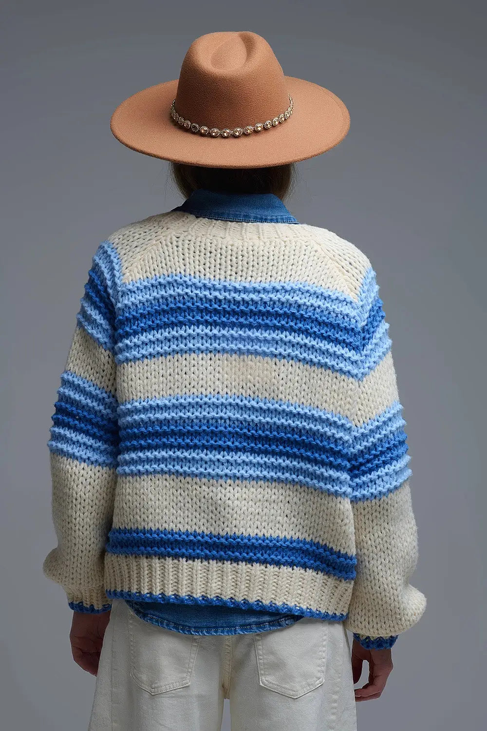 V-neck Chunky Knit Cardigan in stripes of Blue and cream - One Size / Blue - Coats and Jackets