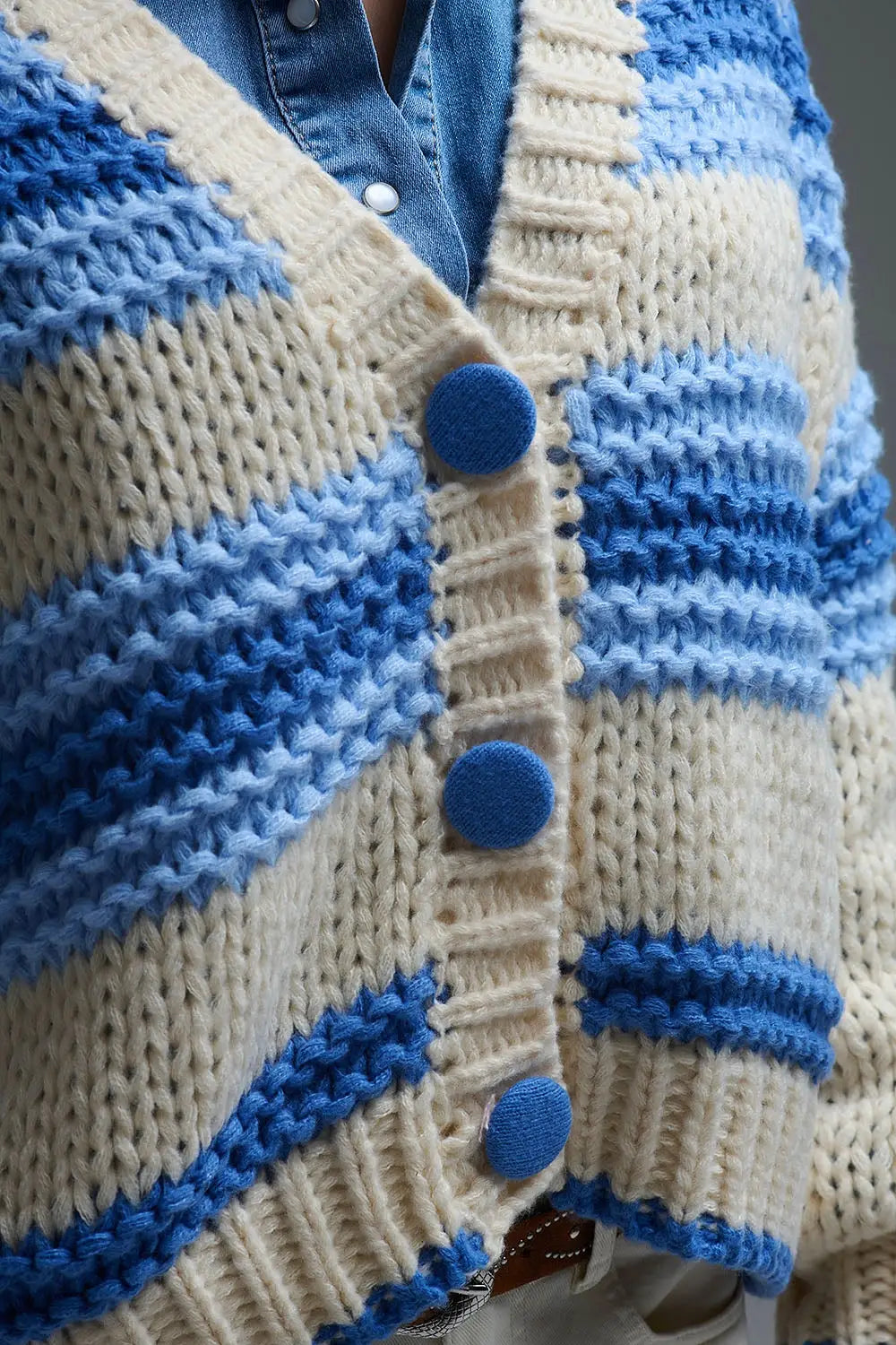 V-neck Chunky Knit Cardigan in stripes of Blue and cream - One Size / Blue - Coats and Jackets