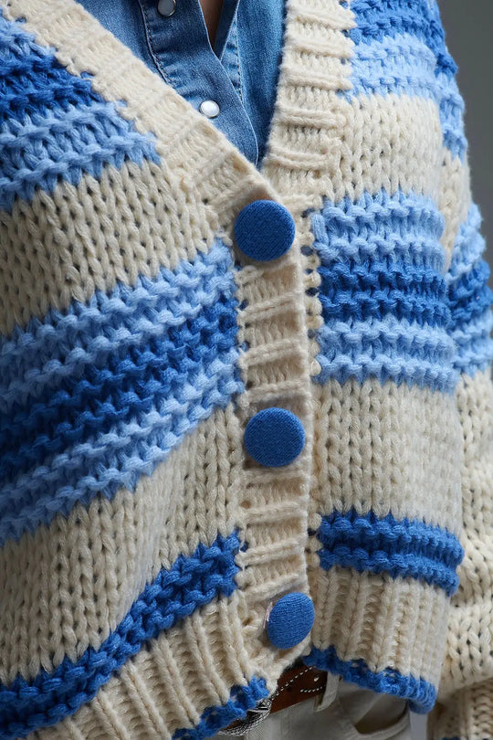 V-neck Chunky Knit Cardigan in stripes of Blue and cream - One Size / Blue - Coats and Jackets