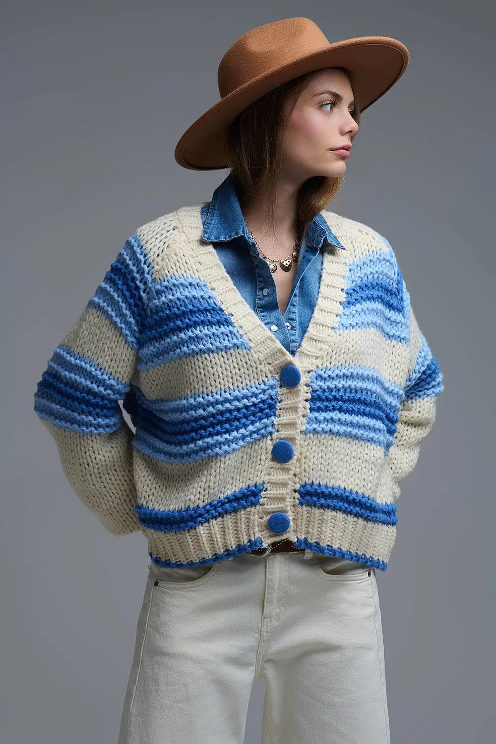 V-neck Chunky Knit Cardigan in stripes of Blue and cream - One Size / Blue - Coats and Jackets