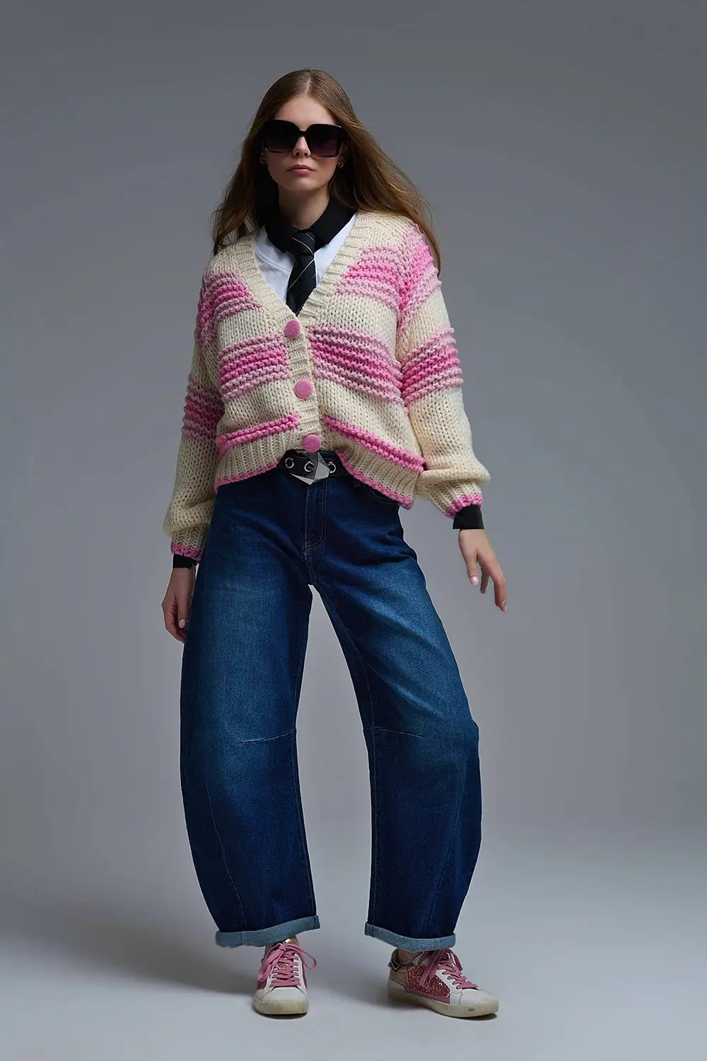 V-neck Chunky Knit Cardigan in stripes of Pink and cream - One Size / Pink - Coats and Jackets