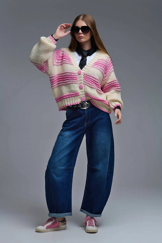 V-neck Chunky Knit Cardigan in stripes of Pink and cream - One Size / Pink - Coats and Jackets