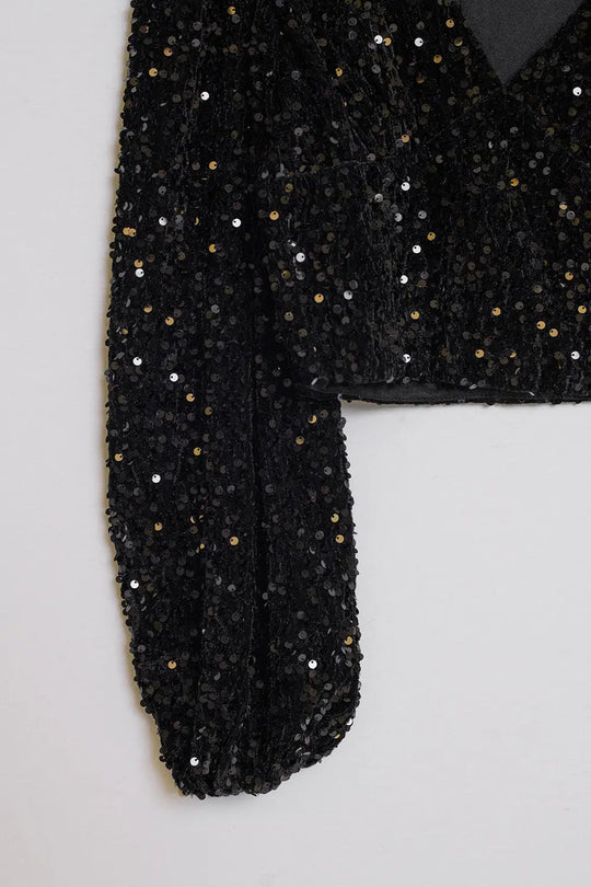 V-Neck Cropped Sequin Top With Balloon Sleeves in Black - Shirts