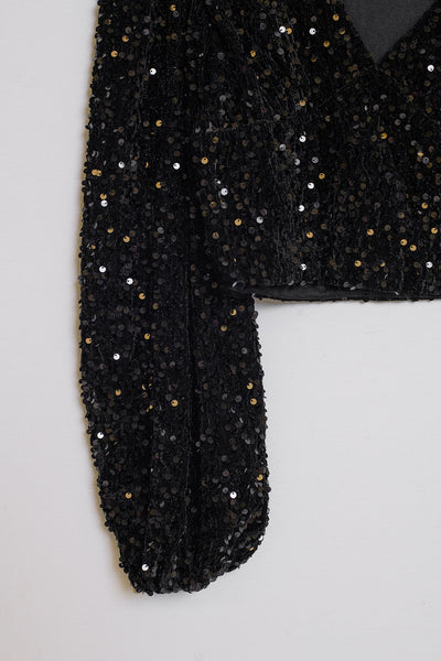 V-Neck Cropped Sequin Top With Balloon Sleeves in Black