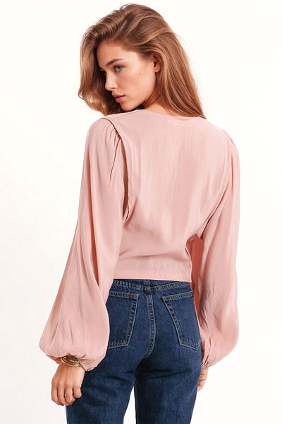 V-neck Cropped Shirt With Super Voluminous Sleeves in Pink